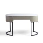 ALBERT Oval Console Table in greyish white oak with white stone top and black metal base – minimalist console with soft curves.