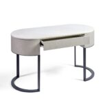 ALBERT Oval Console Table in greyish white oak with white stone top and black metal base – minimalist console with soft curves.
