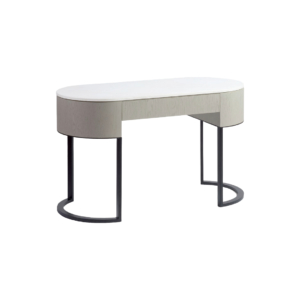 ALBERT Oval Console Table in greyish white oak with white stone top and black metal base – minimalist console with soft curves.