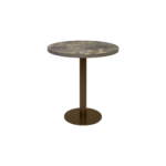 ELLIOT round dining table with slate-finished laminate top and dark bronze powder-coated steel base.