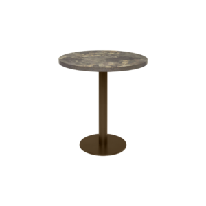 ELLIOT round dining table with slate-finished laminate top and dark bronze powder-coated steel base.