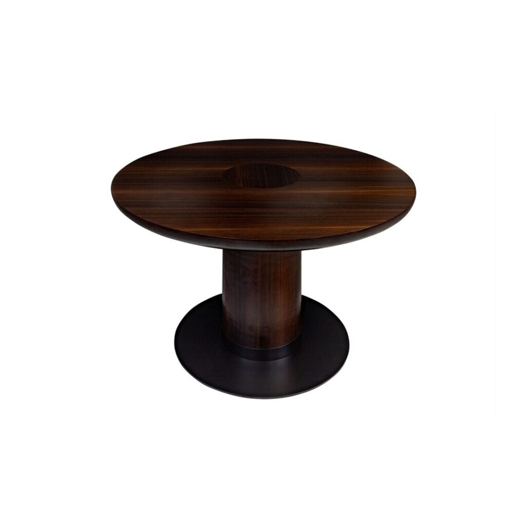 JOBURG 120 Dining Table with round smoked eucalyptus top and black cylindrical base &ndash; modern pedestal dining table &Oslash;120 cm x 76 cm for elegant interiors.