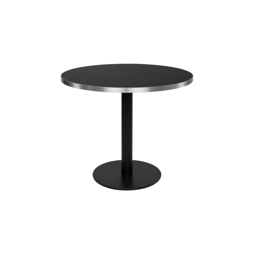 Round black laminate dining table with brushed silver edge and black powder-coated steel base &ndash; ELLIOT &Oslash;90.