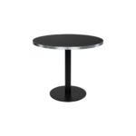 Round black laminate dining table with brushed silver edge and black powder-coated steel base – ELLIOT Ø90.