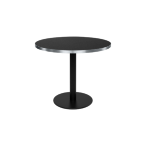 Round black laminate dining table with brushed silver edge and black powder-coated steel base – ELLIOT Ø90.