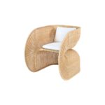 FOLE Rattan Chair with natural handwoven rattan and white flame-retardant cushion – sculptural indoor armchair design.