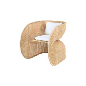 FOLE Rattan Chair with natural handwoven rattan and white flame-retardant cushion – sculptural indoor armchair design.