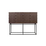 NAGA Cabinet with 3D wood carved doors in Roasted Coffee finish, black steel frame – modern geometric storage cabinet.
