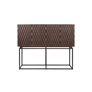 NAGA Cabinet with 3D wood carved doors in Roasted Coffee finish, black steel frame – modern geometric storage cabinet.