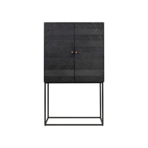 ZULZA Black Mindi Wood Cabinet with geometric chevron design and black steel frame – modern storage furniture.