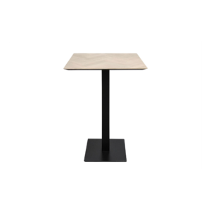 HERRINGBONE Oak 70 Bar Table with smoked herringbone oak top and black steel legs – compact high bar table for refined hospitality and home settings.