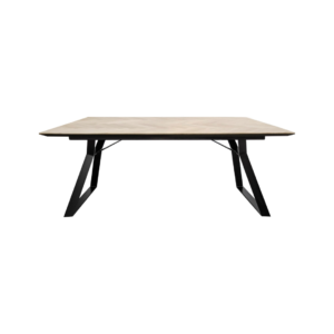 HERRINGBONE Dining Table with rectangular oak herringbone top and black angled steel legs – 200x90 cm modern dining table for home or hospitality.