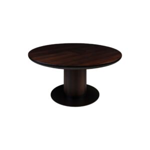 JOBURG 150 Dining Table with round smoked eucalyptus veneer top and black cylindrical steel base – Ø150 cm luxury dining table for contemporary interiors.