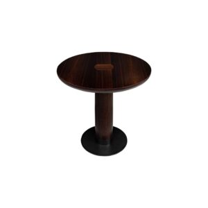 JOBURG 80 Dining Table with smoked eucalyptus round top and black cylindrical base – compact sculptural dining table Ø80 cm x 76 cm for elegant interiors.
