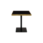 GERMAIN Dining Table 70 with square glass top, brushed gold stainless steel frame, and black iron base – elegant dining table 70 x 70 x 76 cm.