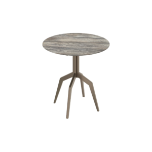 RAZOR Bro Bar Table with 80cm round grey travertine top and brushed bronze legs – modern luxury table for bar seating.