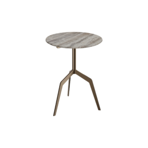 RAZOR Bro Side Table with round grey travertine top and brushed bronze base – compact modern accent table.