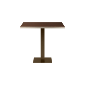 ELLIOT Dining Table 70x70 with smoked eucalyptus laminate top, brushed champagne edge, and dark bronze steel base.
