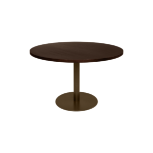 ELLIOT round dining table Ø120 with dark brown oak veneer top and dark bronze powder-coated steel base.