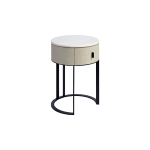ALBERT Round Stone Bedside Table with oak body, stone top, black handle, and metal legs – contemporary nightstand with drawer.