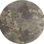 ELLIOT round dining table with slate-finished laminate top and dark bronze powder-coated steel base.