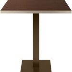 ELLIOT Dining Table 70x70 with smoked eucalyptus laminate top, brushed champagne edge, and dark bronze steel base.