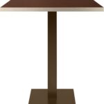 ELLIOT Dining Table 70x70 with smoked eucalyptus laminate top, brushed champagne edge, and dark bronze steel base.
