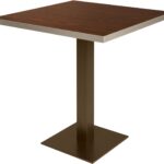 ELLIOT Dining Table 70x70 with smoked eucalyptus laminate top, brushed champagne edge, and dark bronze steel base.