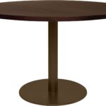 ELLIOT round dining table Ø120 with dark brown oak veneer top and dark bronze powder-coated steel base.