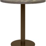 ELLIOT round dining table with slate-finished laminate top and dark bronze powder-coated steel base.