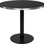 Round black laminate dining table with brushed silver edge and black powder-coated steel base – ELLIOT Ø90.