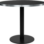 Round black laminate dining table with brushed silver edge and black powder-coated steel base – ELLIOT Ø90.