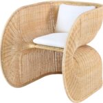 FOLE Rattan Chair with natural handwoven rattan and white flame-retardant cushion – sculptural indoor armchair design.