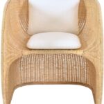 FOLE Rattan Chair with natural handwoven rattan and white flame-retardant cushion – sculptural indoor armchair design.
