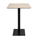 HERRINGBONE Oak 70 Bar Table with smoked herringbone oak top and black steel legs – compact high bar table for refined hospitality and home settings.