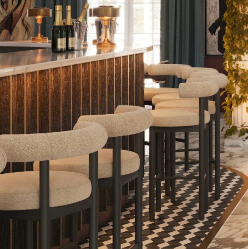 sosis bar stool by versmissen, picture shows beighe luxury bar stool in high end interior