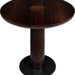 JOBURG 80 Dining Table with smoked eucalyptus round top and black cylindrical base – compact sculptural dining table Ø80 cm x 76 cm for elegant interiors.