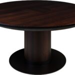 JOBURG 150 Dining Table with round smoked eucalyptus veneer top and black cylindrical steel base – Ø150 cm luxury dining table for contemporary interiors.