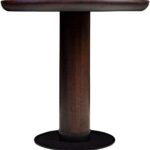JOBURG 80 Dining Table with smoked eucalyptus round top and black cylindrical base – compact sculptural dining table Ø80 cm x 76 cm for elegant interiors.