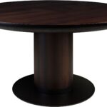 JOBURG 150 Dining Table with round smoked eucalyptus veneer top and black cylindrical steel base – Ø150 cm luxury dining table for contemporary interiors.