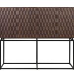 NAGA Cabinet with 3D wood carved doors in Roasted Coffee finish, black steel frame – modern geometric storage cabinet.