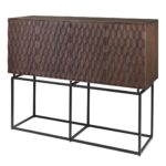 NAGA Cabinet with 3D wood carved doors in Roasted Coffee finish, black steel frame – modern geometric storage cabinet.