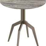 RAZOR Bro Bar Table with 80cm round grey travertine top and brushed bronze legs – modern luxury table for bar seating.