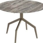 RAZOR Bro Dining Table with grey travertine top and brushed bronze stainless steel base – 120cm round dining table for modern luxury interiors.