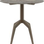 RAZOR Bro Bar Table with 80cm round grey travertine top and brushed bronze legs – modern luxury table for bar seating.
