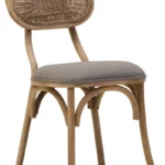 VENTANA Grey Elm Wood Dining Chair with cane oval backrest, cushioned grey fabric seat, and sculpted grey-wash elm wood frame.