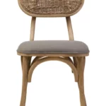 VENTANA Grey Elm Wood Dining Chair with cane oval backrest, cushioned grey fabric seat, and sculpted grey-wash elm wood frame.