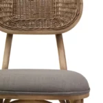 VENTANA Grey Elm Wood Dining Chair with cane oval backrest, cushioned grey fabric seat, and sculpted grey-wash elm wood frame.