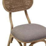 VENTANA Grey Elm Wood Dining Chair with cane oval backrest, cushioned grey fabric seat, and sculpted grey-wash elm wood frame.