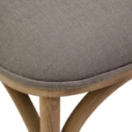 VENTANA Grey Elm Wood Dining Chair with cane oval backrest, cushioned grey fabric seat, and sculpted grey-wash elm wood frame.